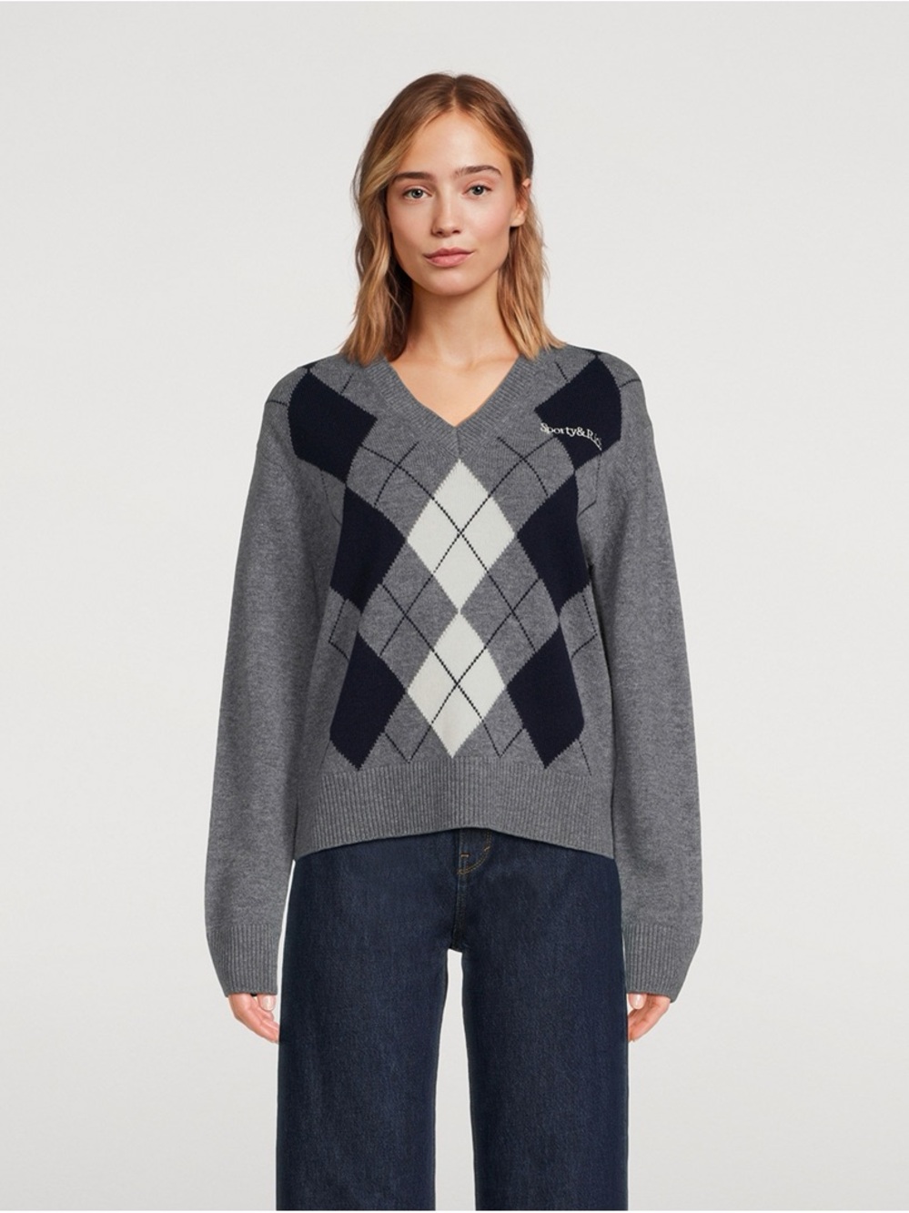 Sporty & Rich Serif Logo Argyle 100% Wool V Neck Sweater Gray Navy M NWT